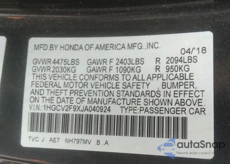 2018 Honda Accord Touring 2.0T из США, поврежденный, VIN 1HGCV2F9XJA040924